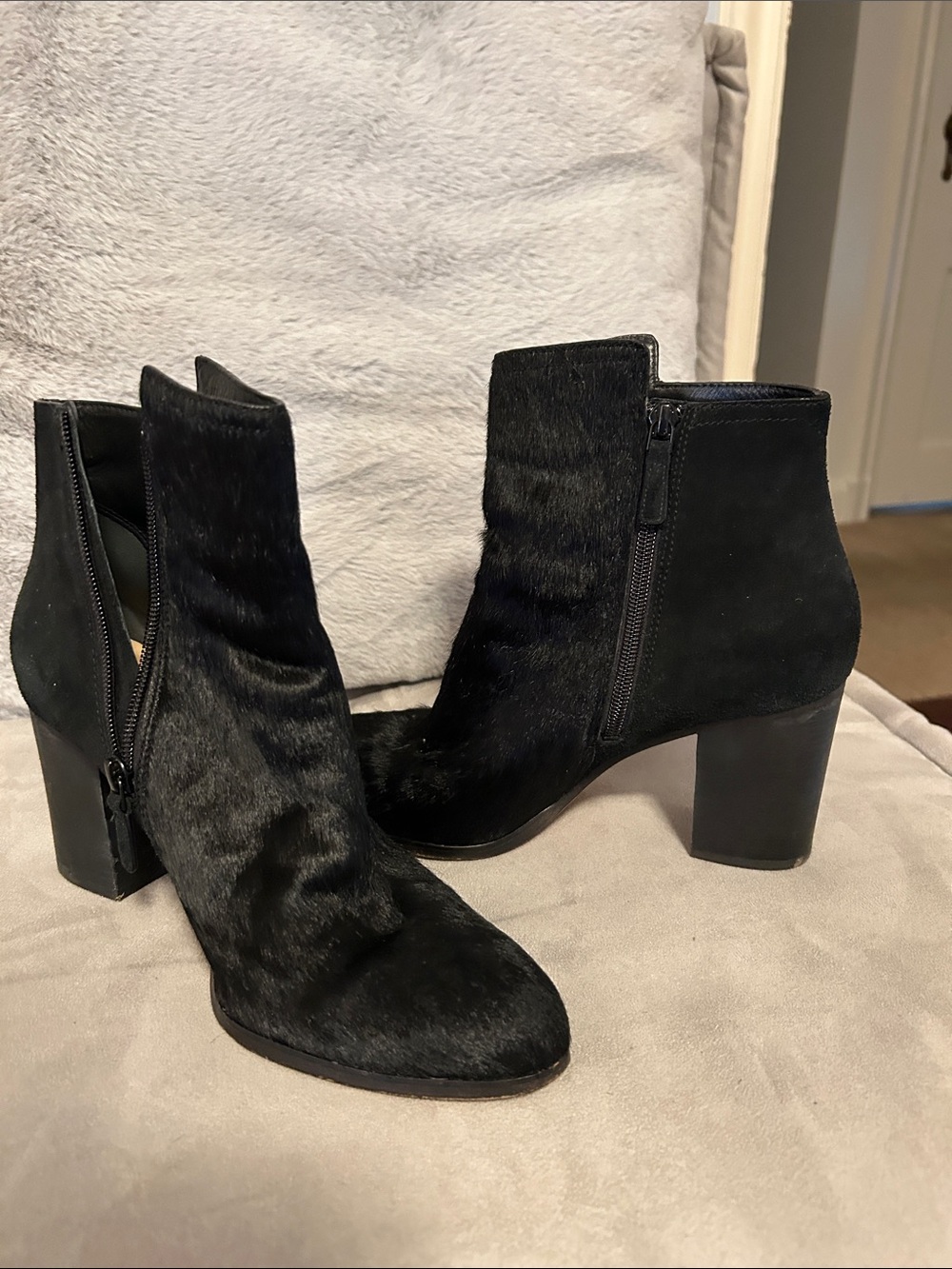 Cole Haan Black Mid Heel Ankle Boots with Faux Hair Upper